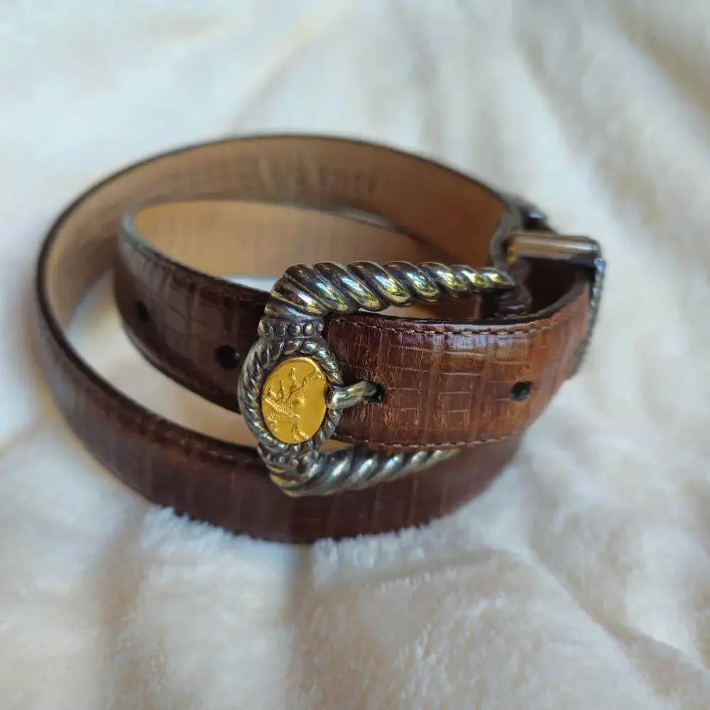 Brighton Museum Collection Brown Croc Embossed Leather Belt Gold Silver Buckle S